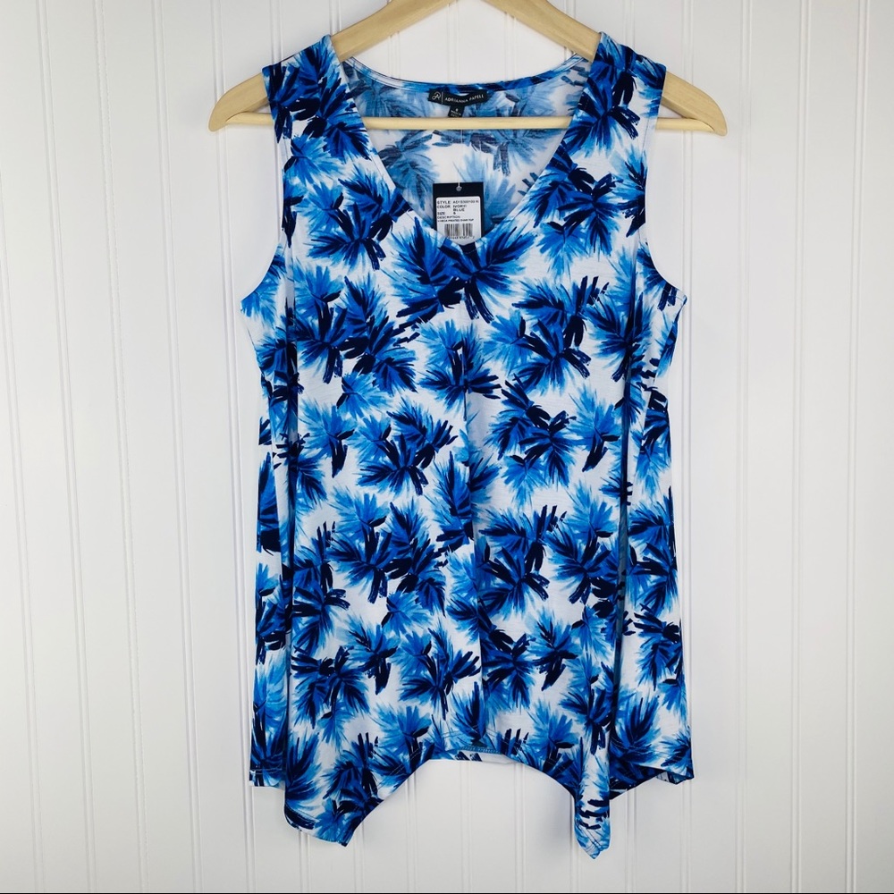 Adrianna Papell NWT Blue Ivory Tropical Print Handkerchief Hem Tank Top Small